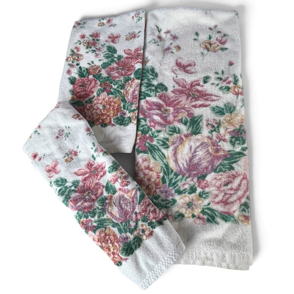 Vtg 80s Bibb Cabbage Rose Towel Set 3pc Cotton USA Floral Bath Hand Cottagecore